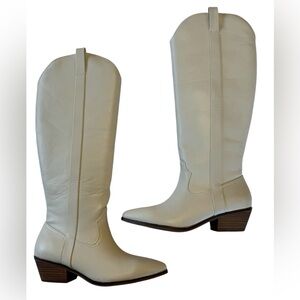 White Knee High Western Cowboy Boots Block Heel Pull tab 6.5